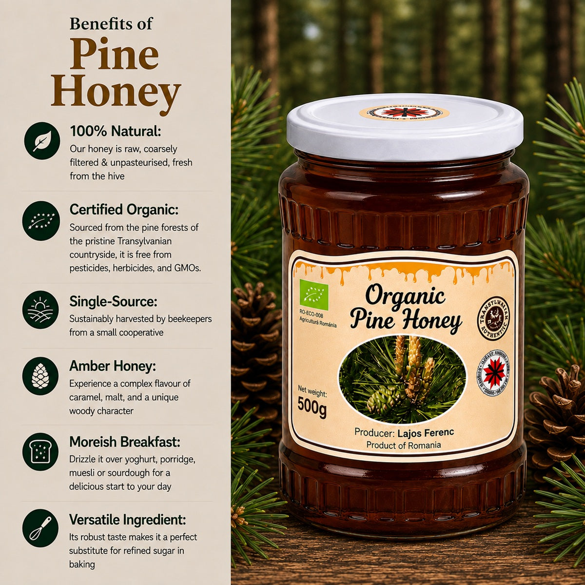 Infographic showing the benefits of eating mountain honey.