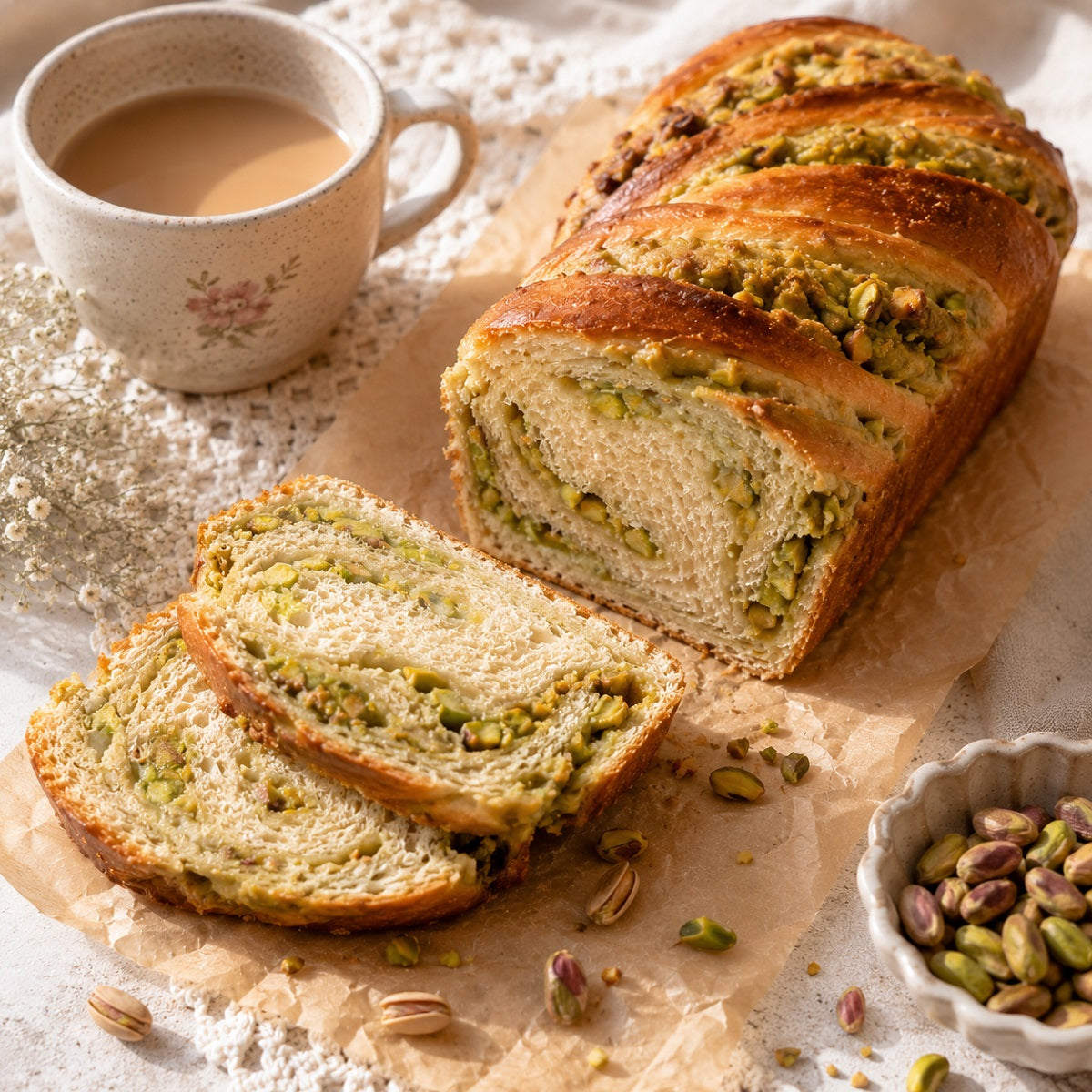 Loaf of pistachio babka bread with slices cut, served with a cup of coffee and raw pistachios by the side.