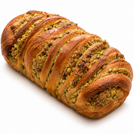 Loaf of braided pistachio babka bread on a white background.