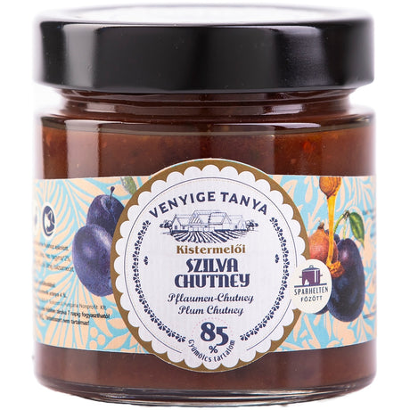 A jar of plum chutney made with fresh fruit using a traditional recipe.
