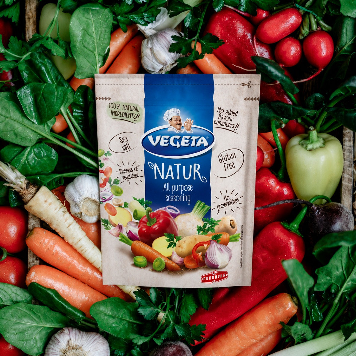 A packet of Vegeta Natur, an all-purpose seasoning blend made from fresh vegetables.