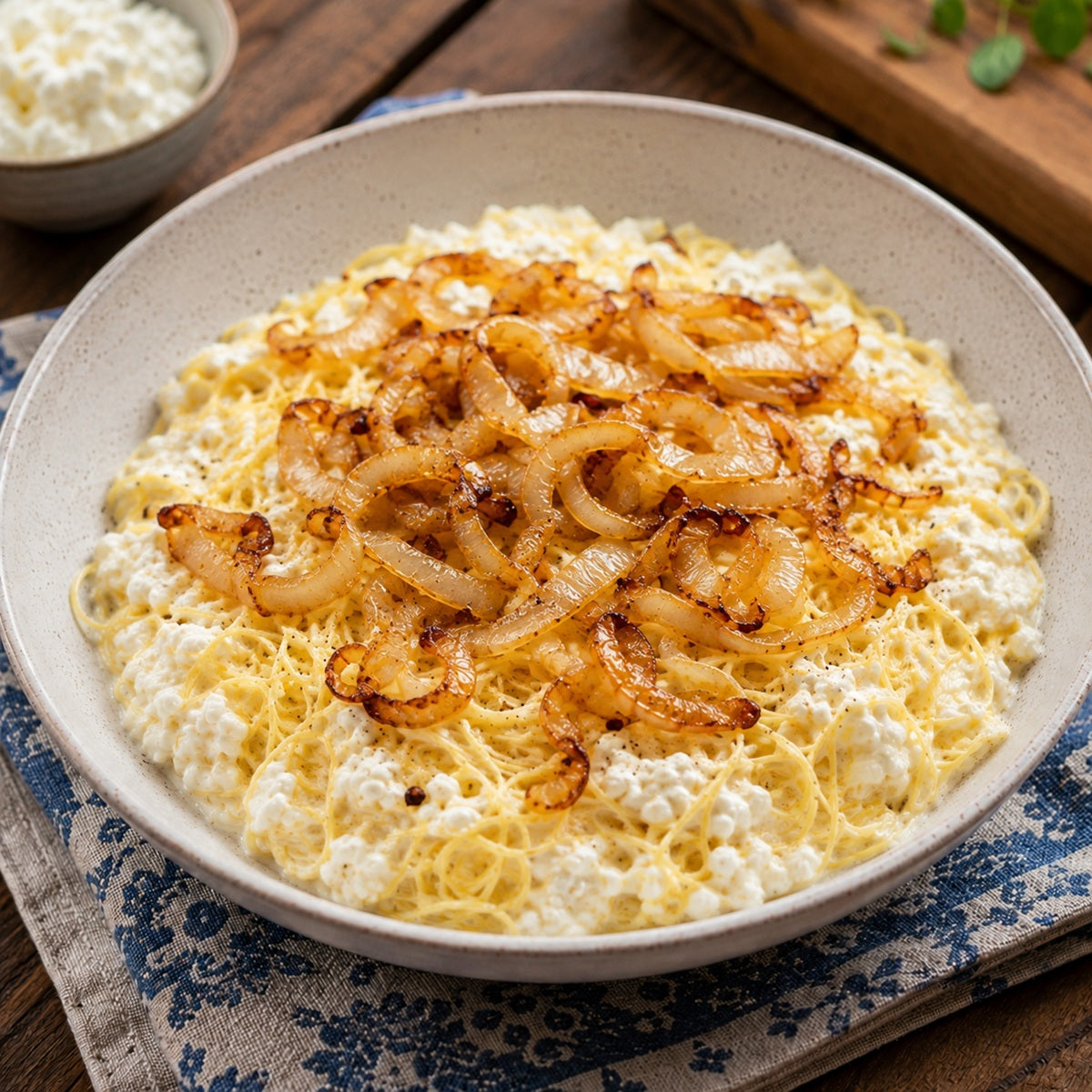 Dish of Polish cottage cheese pasta with kluski noodles, sour cream and caramelised onions.