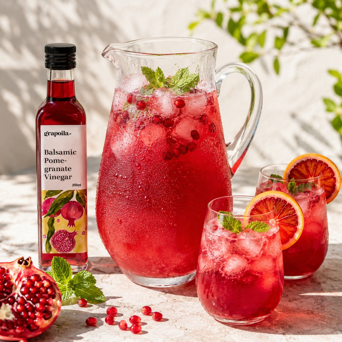 Pitcher of Pomegranate vinegar drink made with a bottle of Pomegranate Balsamic Vinegar, served over ice.