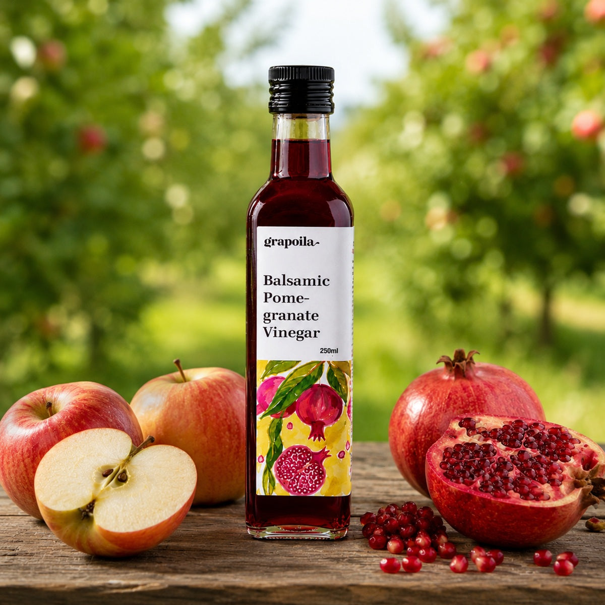 Bottle of Grapoila Pomegranate Vinegar with apples and pomegranates on a wooden surface with a blurred background of trees.