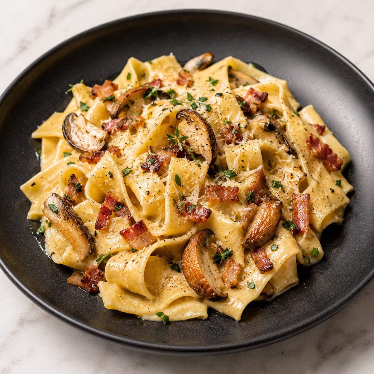 Porcini pasta dish with mushrooms and bacon on a black plate.