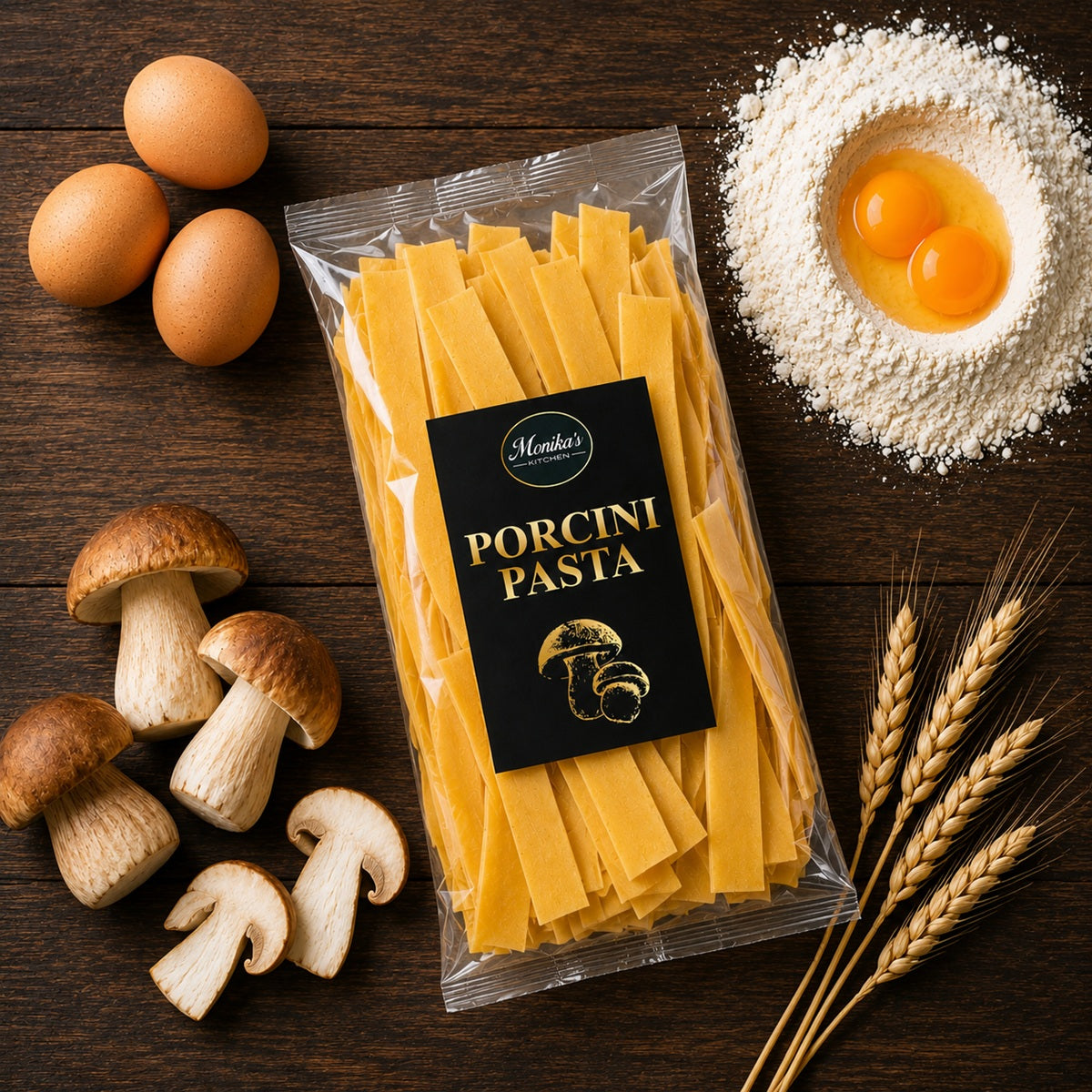 A pack of porcini pasta showing the ingredients used, including eggs, flour, and mushrooms, on a wood surface.