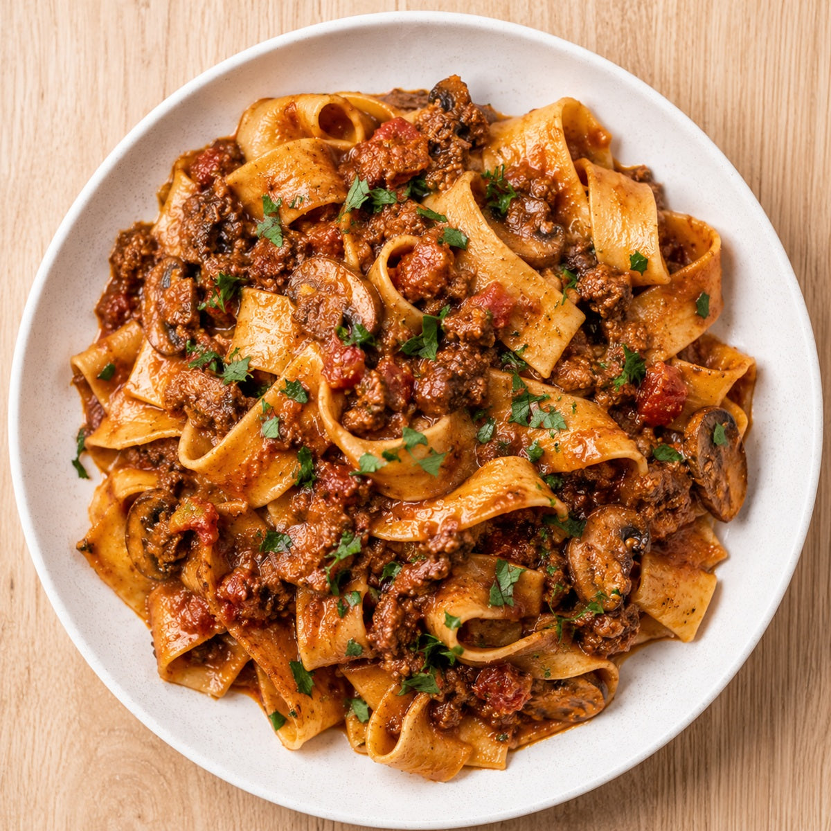 Porcini pasta dish with mushrooms and a rich ragu with minced meat on a white plate.
