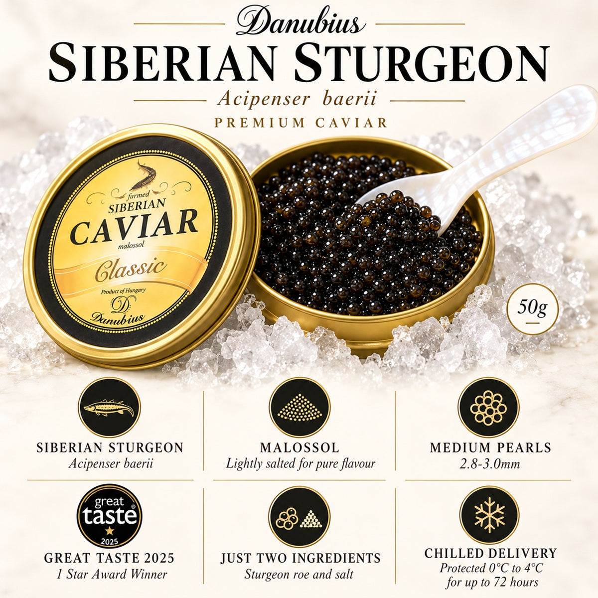 Infographic showing the characteristics of Danubius' award-winning Siberian Sturgeon Caviar.