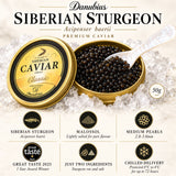 Infographic showing the characteristics of Danubius' award-winning Siberian Sturgeon Caviar.