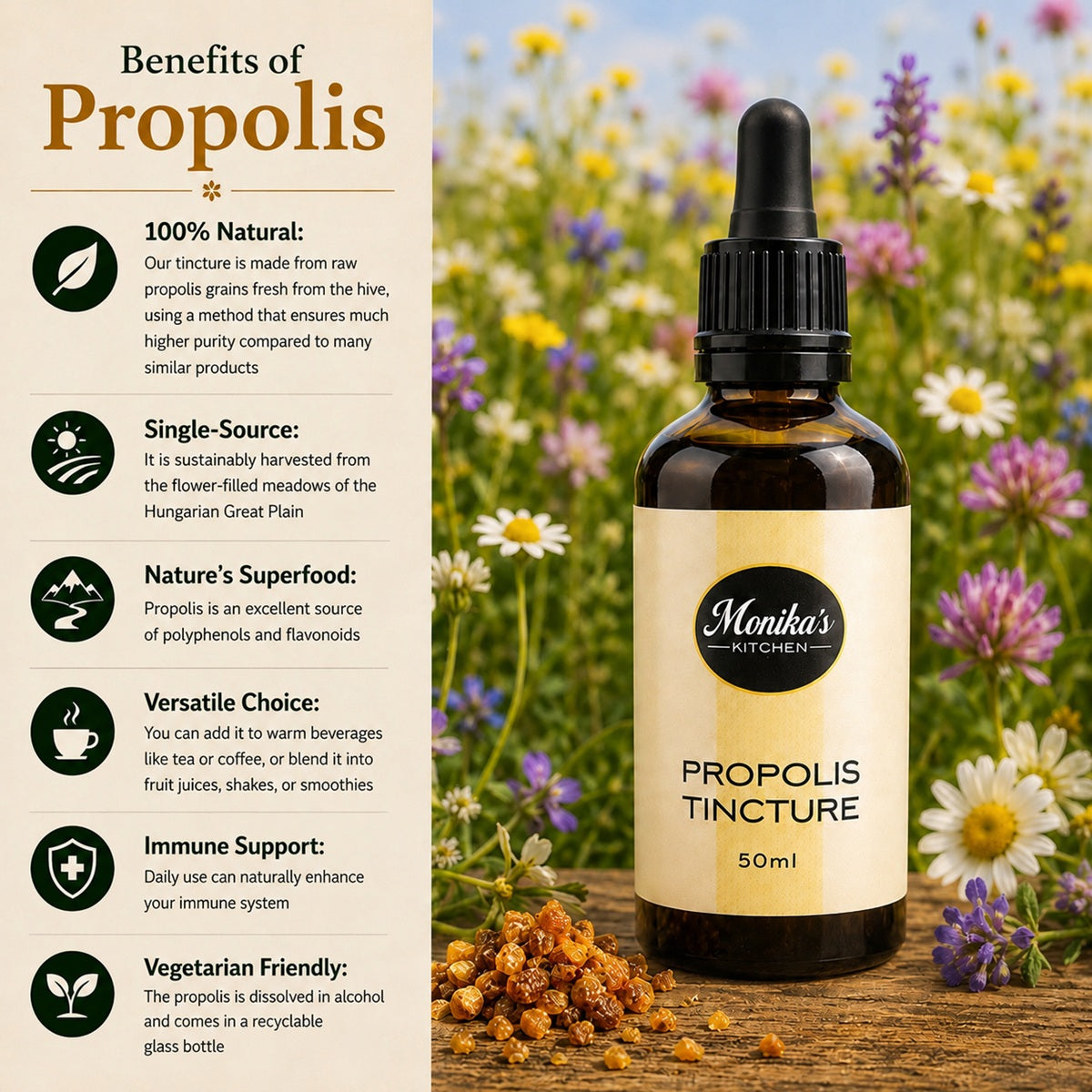 Infographic showing the benefits of using propolis and propolis tinctures.