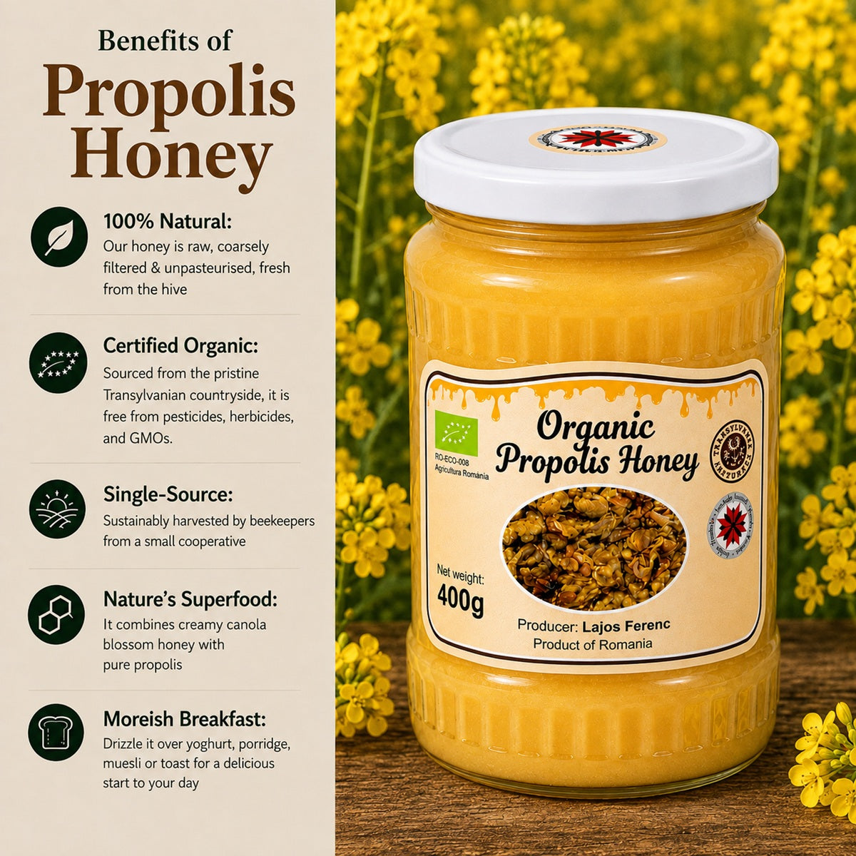Infographic showing the benefits of eating propolis honey.