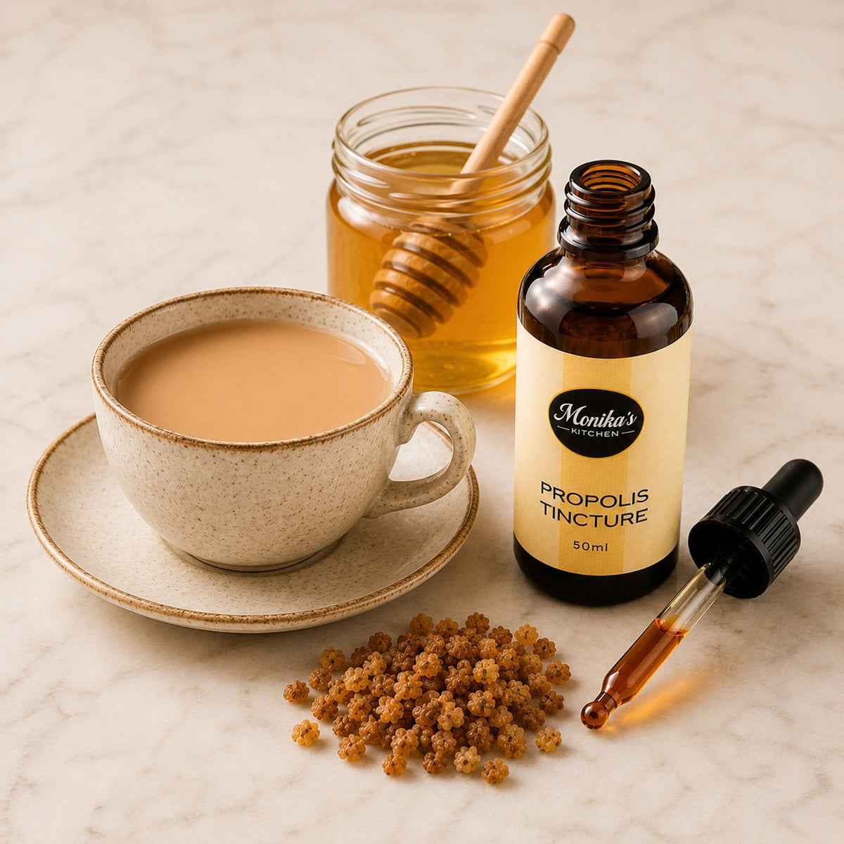 Propolis Tincture with a cup of tea, honey jar, and propolis grains on a light surface.