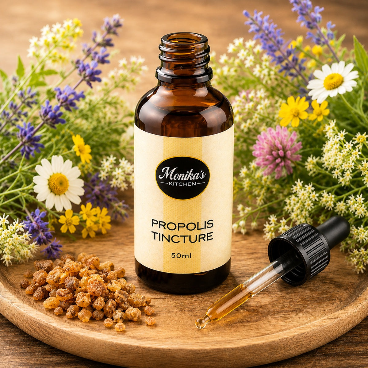 Propolis tincture bottle with liquid in dropper and propolis granules on a wooden plate with flowers in the background.