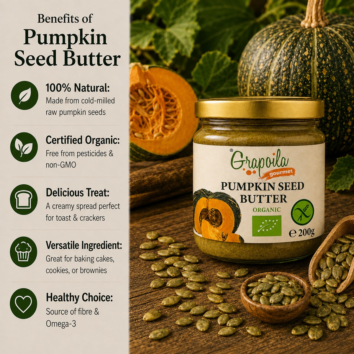 Infographic showing the benefits of eating and using pumpkin seed butter.