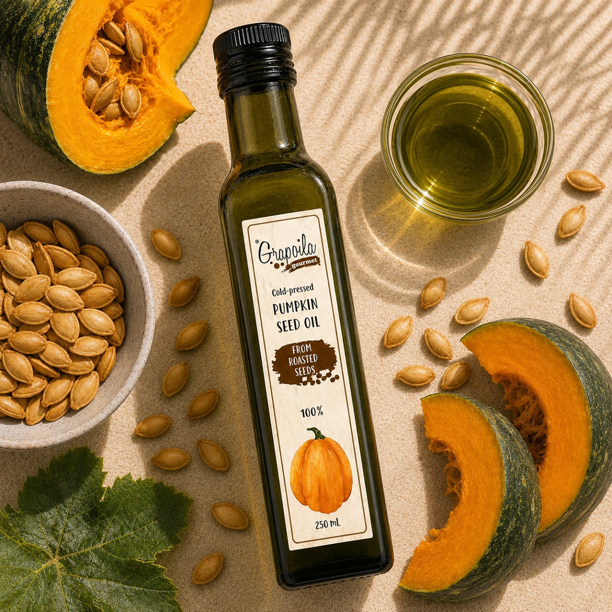 Aceite de pepita de calabaza junto a semillas y trozos de calabaza