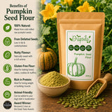 Infographic showing the health and nutritional benefits of eating and using pumpkin seed flour.