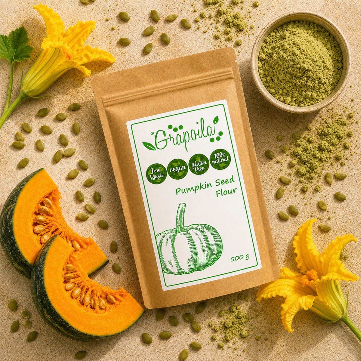 Ground pumpkin seed powder is a healthy gluten-free flour naturally rich in vegan protein, best used for keto recipes.