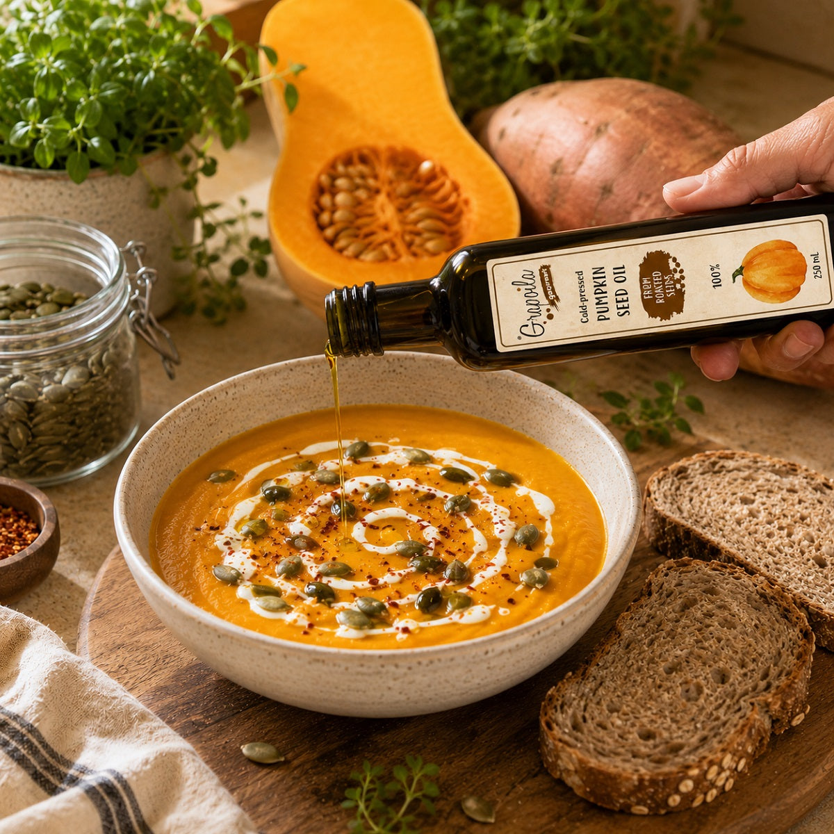 Bowl of butternut squash soup with a drizzle of cream, pumpkin seed oil and a handful of seeds.