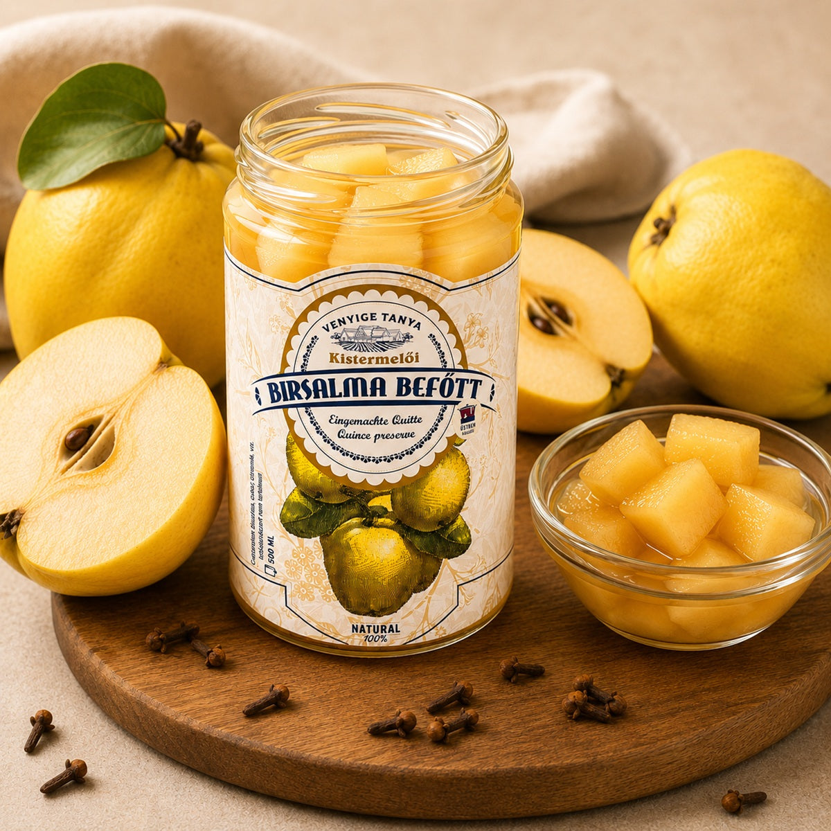 Jar of quince compote cubes with fresh quinces and cloves on a neutral fabric background.