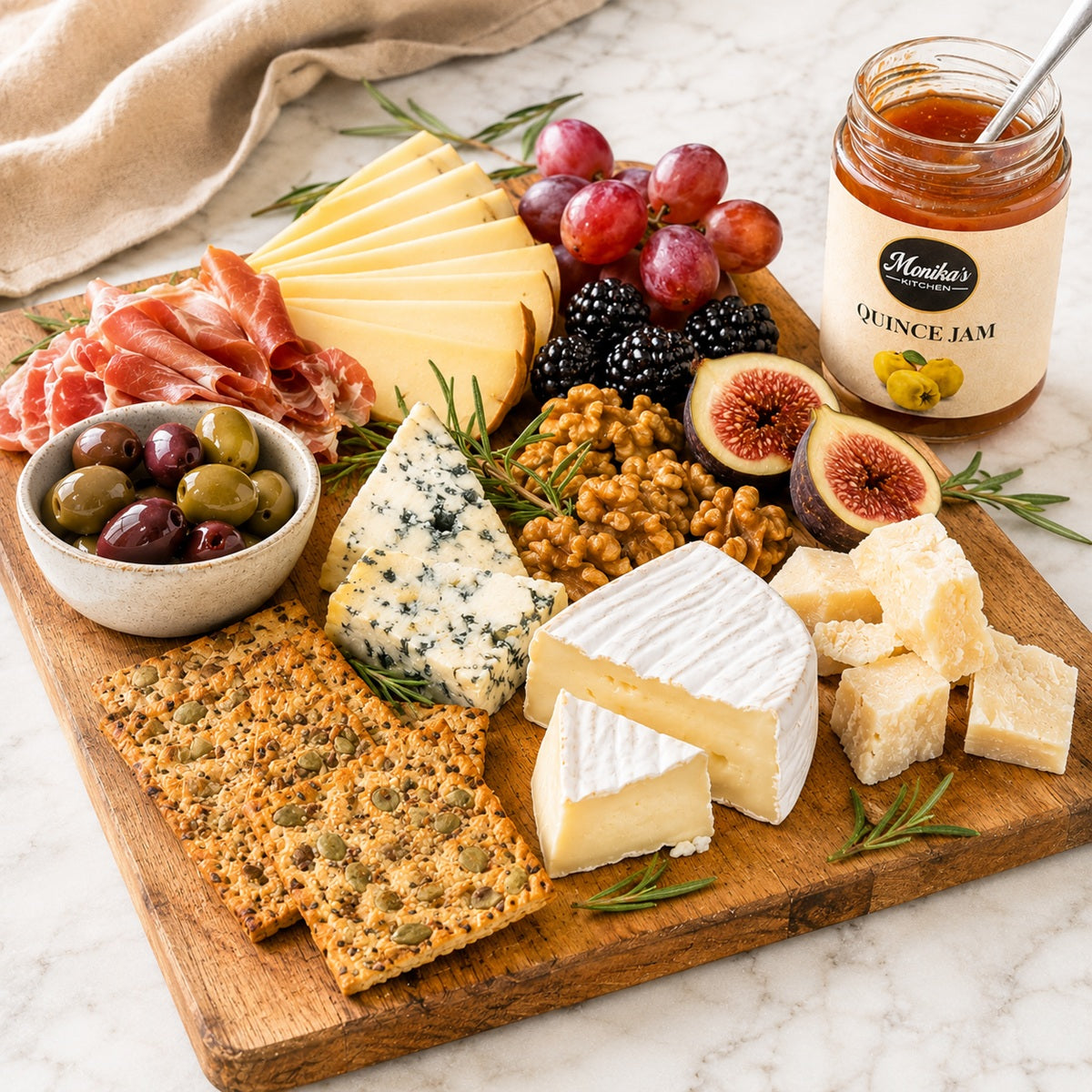 Wooden platter with assorted cheeses, crackers, fruits, and a jar of quince jam on a marble surface.