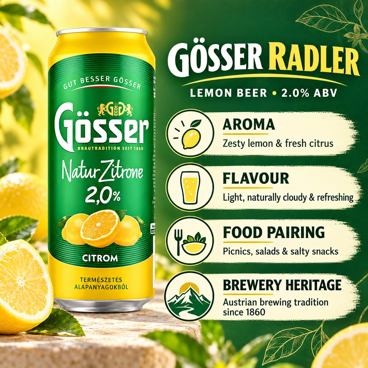 Infographic with tasting notes for Gosser Natur Zitrone, an Austrian lemon radler beer.
