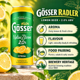 Infographic with tasting notes for Gosser Natur Zitrone, an Austrian lemon radler beer.