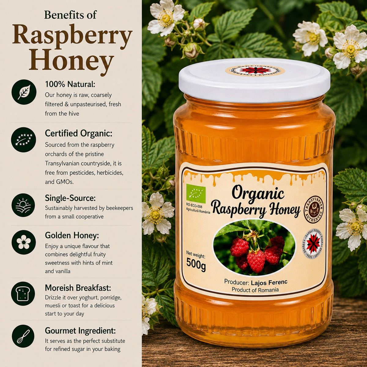 Infographic showing the benefits of eating raspberry honey.