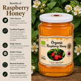 Infographic showing the benefits of eating raspberry honey.