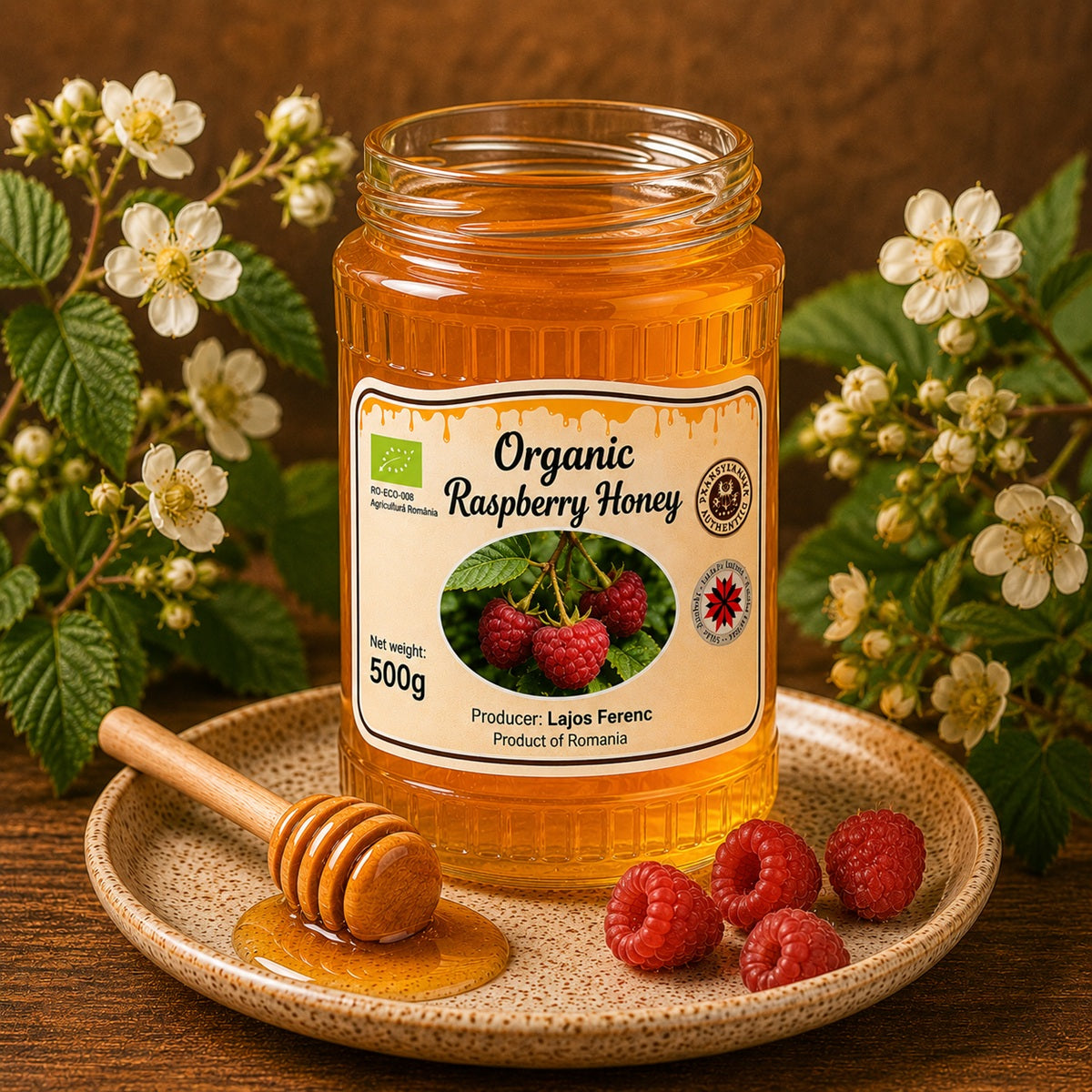 Jar of organic raspberry honey with a honey dipper and raspberries on a wooden surface with flowers in the background.