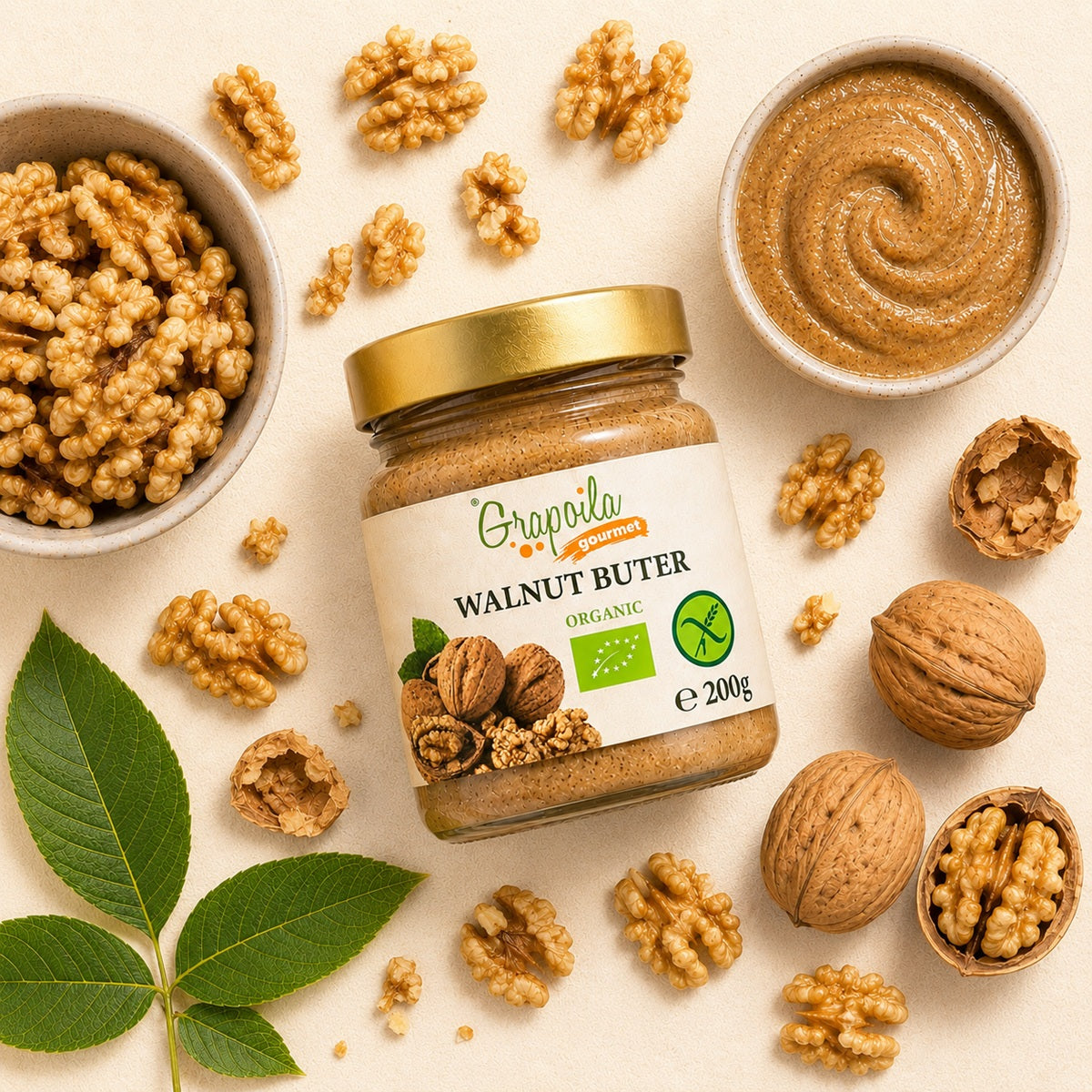 Jar of raw walnut butter spread made with certified organic walnuts.