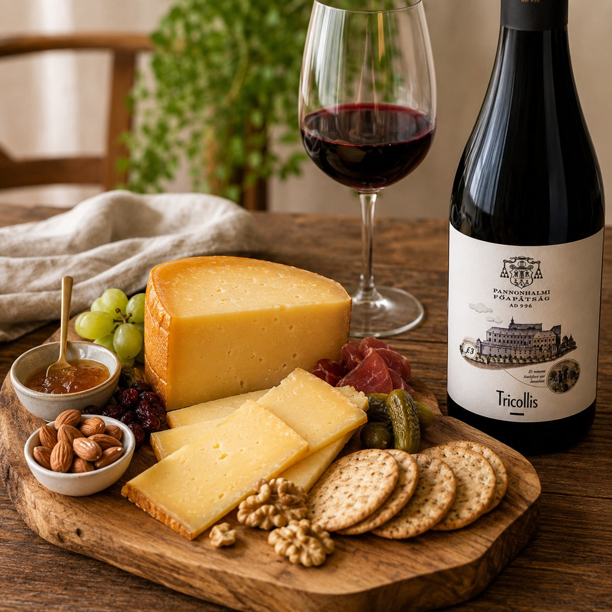 Cheese board with aged Gouda crackers, nuts, paired with a glass of red wine next to a bottle of Tricollis.