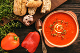 A creamy roasted red pepper soup seasoned with a spicy hot smoked paprika powder.