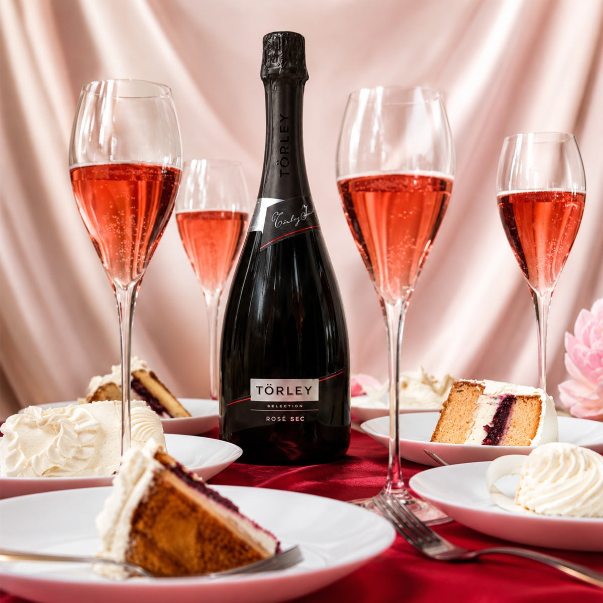 Bottle and glasses of Torley rose sparkling wine with slices of cake.