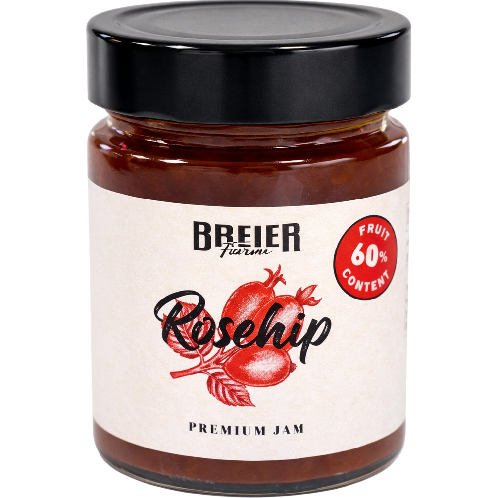 Jar of Breier Premium Rosehip Jam with a black lid on a white background