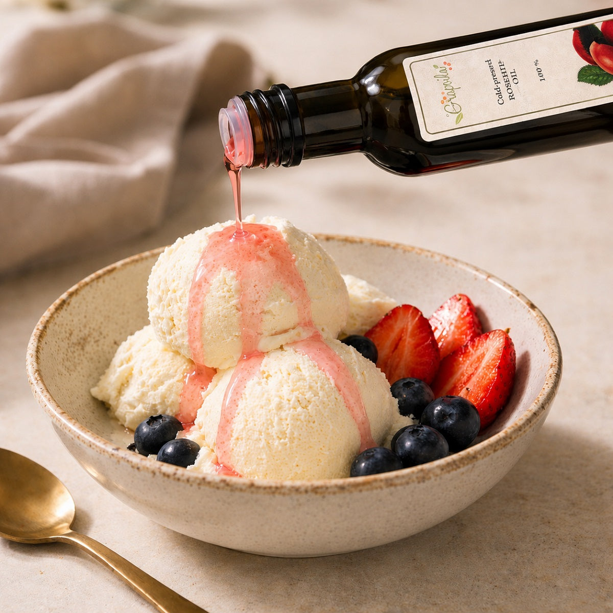 Rosehip oil drizzled over ice cream.