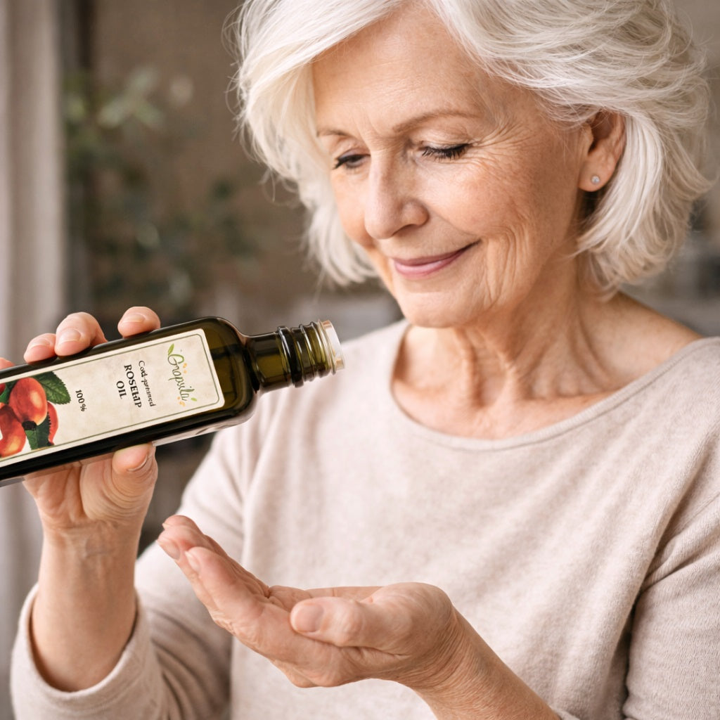 Lady holding a bottle of rosehip oil to apply to face, skin and hair.