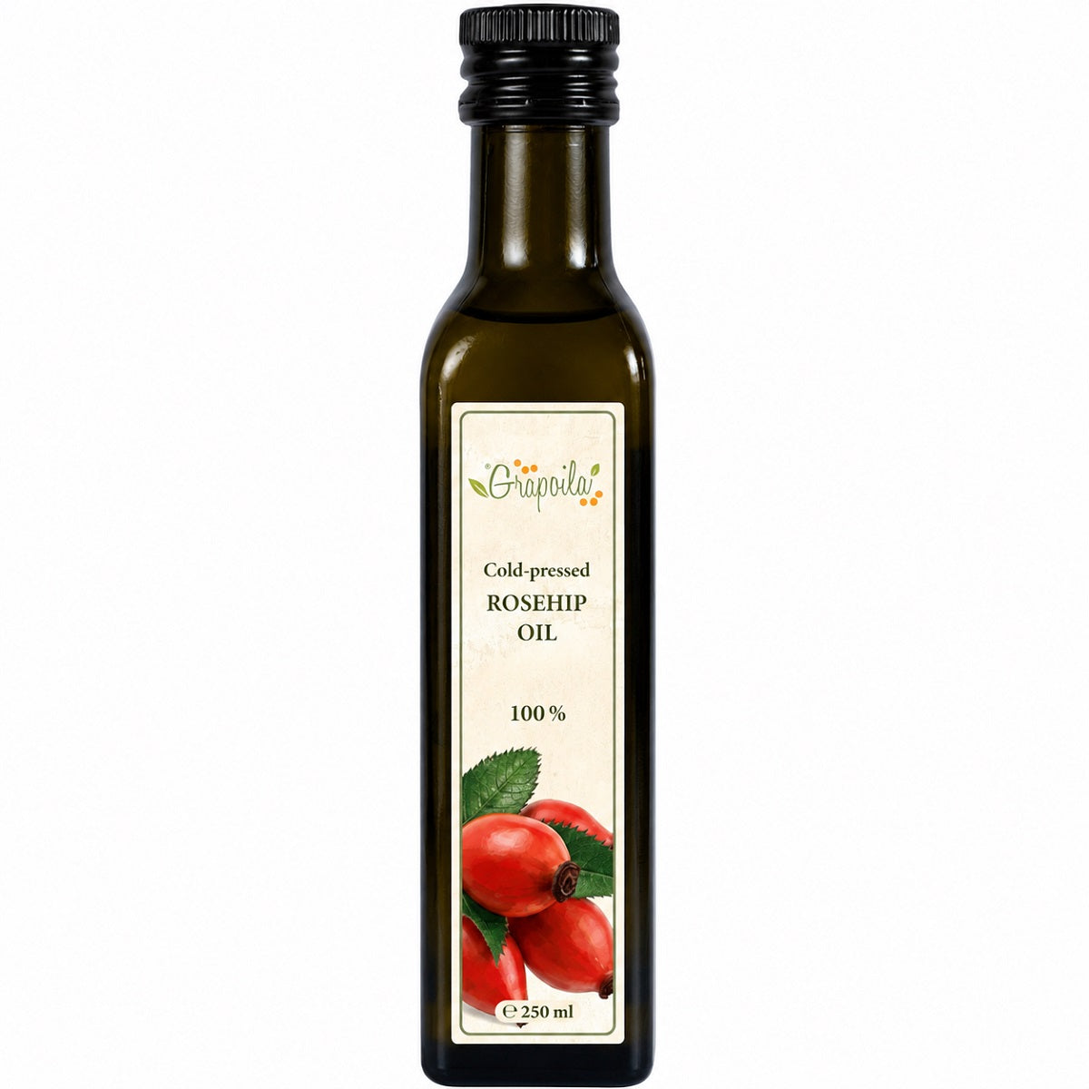 Bottle of cold-pressed rosehip oil on a white background.