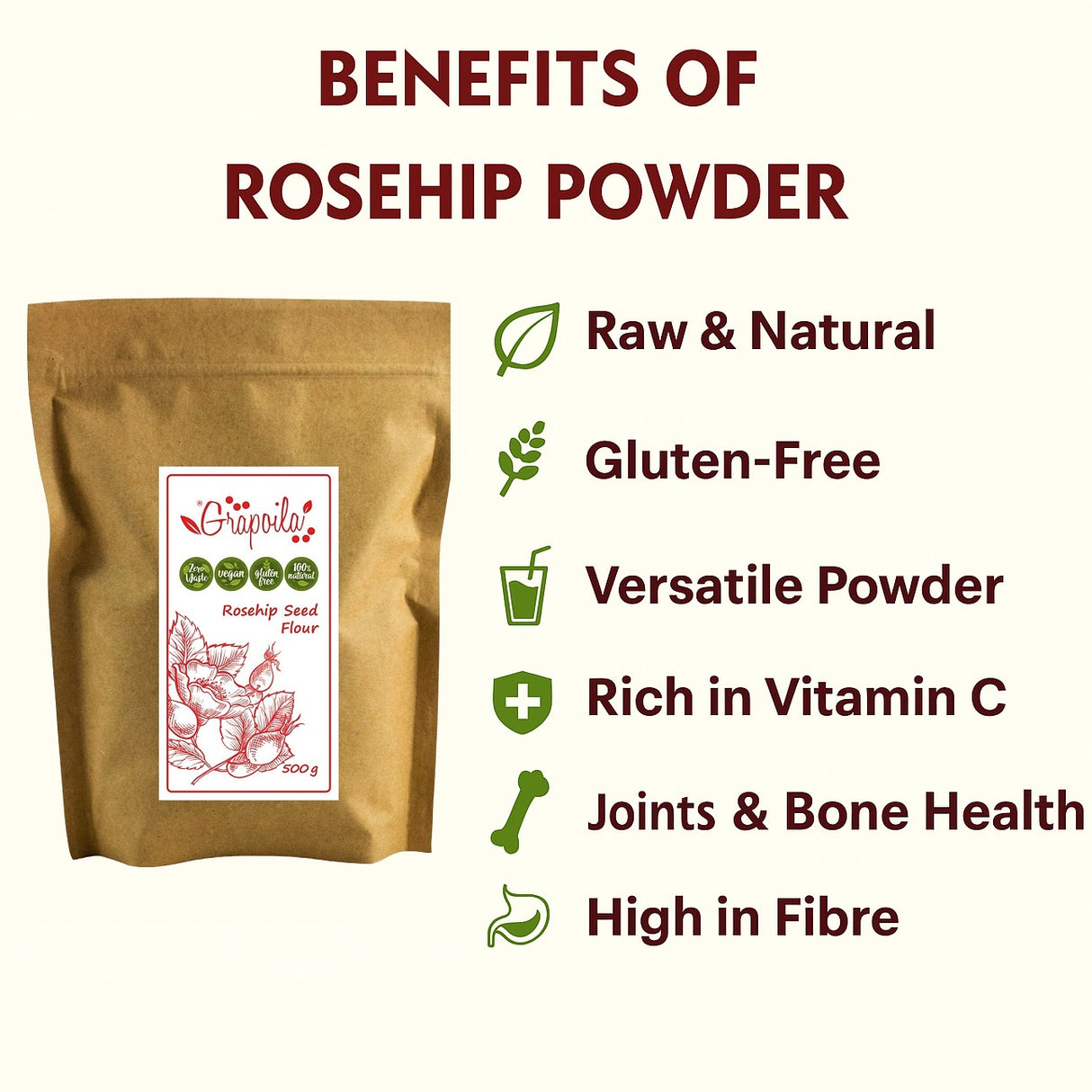 An infographic showing the health and nutritional benefits of eating and using rosehip seed powder.