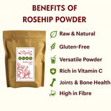 An infographic showing the health and nutritional benefits of eating and using rosehip seed powder.