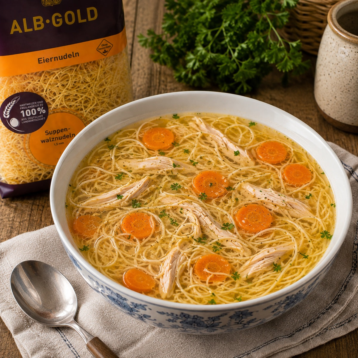 Bowl of Rosol, a Polish chicken soup served with carrots and kluski noodles.
