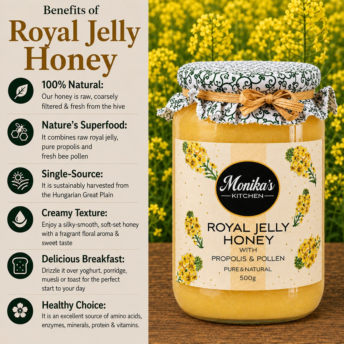 Infographic showing the benefits of eating royal jelly honey with propolis and pollen.