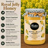 Infographic showing the benefits of eating royal jelly honey with propolis and pollen.
