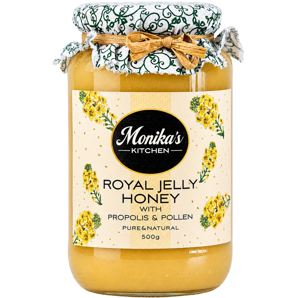 Jar of royal jelly honey with the best pure propolis and raw bee pollen.