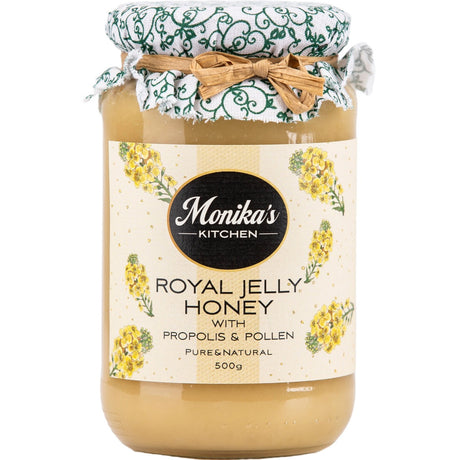 Jar of royal jelly honey with the best pure propolis and raw bee pollen.