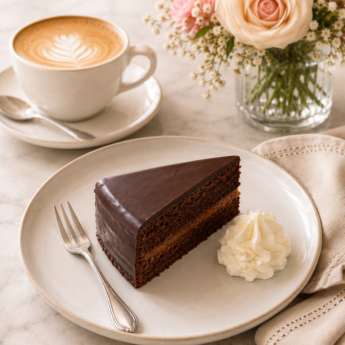 Slice of Sacher torte cake with a cup of coffee on a light background.