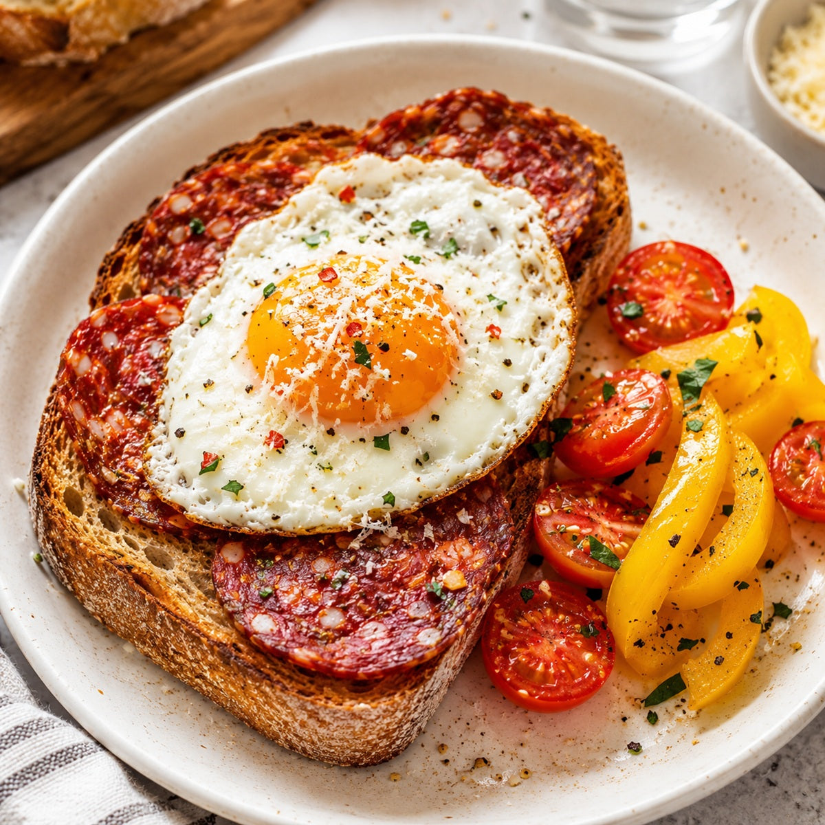 Breakfast dish of toast topped with a fried egg, salami, and sliced tomatoes on a white plate.