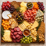 Assorted cheese, salami, ham, and fruits on a wooden board with a neutral background