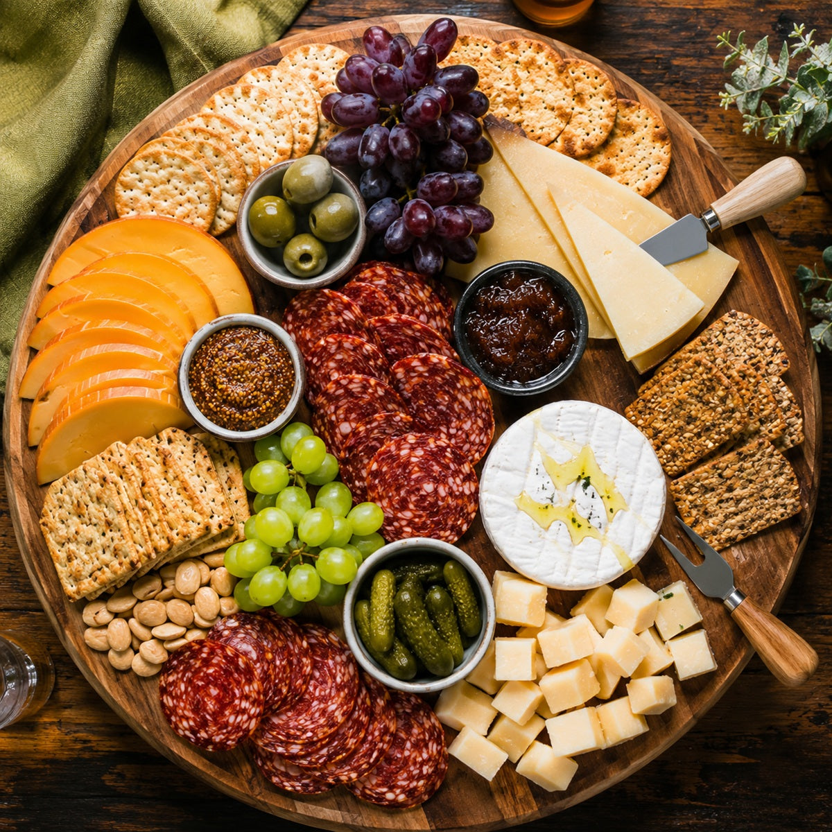 Round wooden board with multiple types of crackers, salami, cheeses and accompaniments.