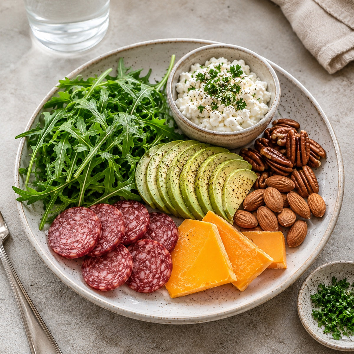 Keto food platter with salami, cheese, avocado, nuts, and greens on a neutral background.