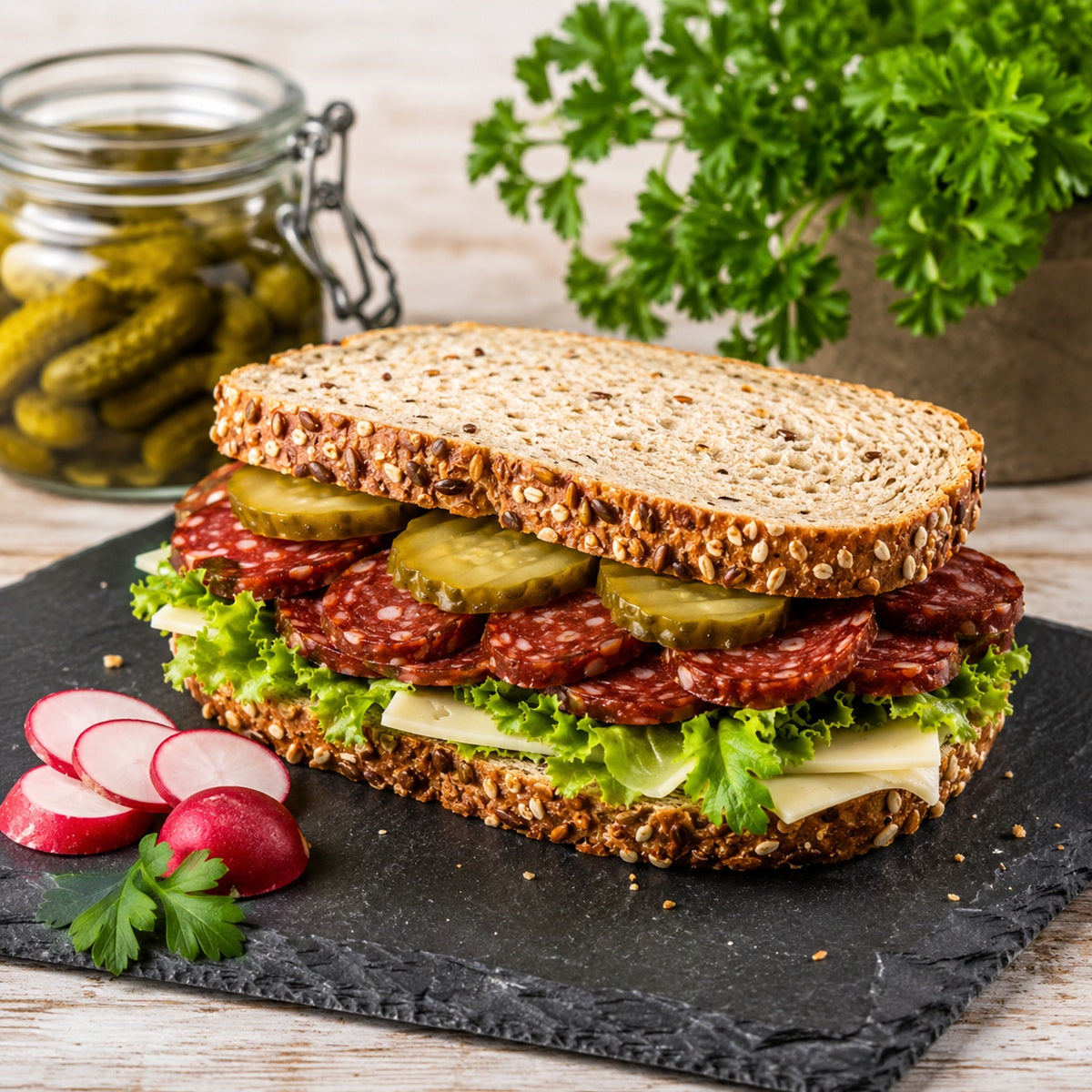Sandwich with spicy salami, pickles, and lettuce on a black slate board with radishes and parsley.